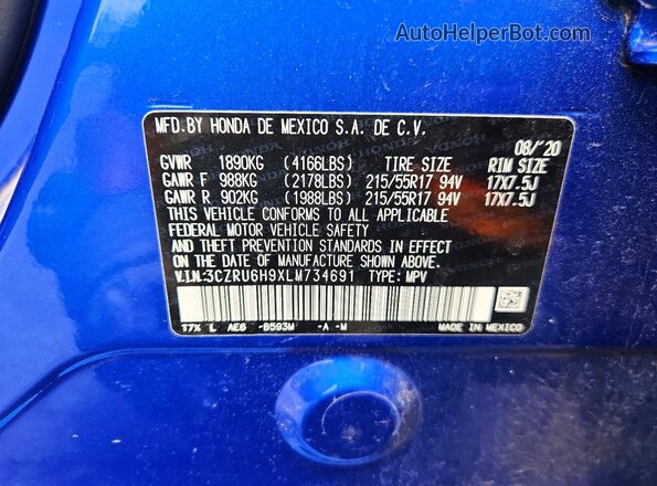 3CZRU6H9XLM734691 2020 HONDA HR-V Синий Панорамный вид салона 360°