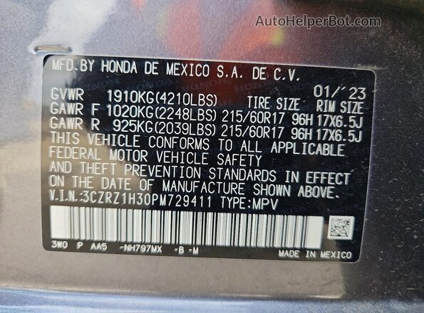 3CZRZ1H30PM729411 2023 HONDA HR-V Серый Вид наклейки с VIN-кодом