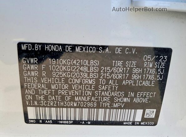 3CZRZ1H30RM702969 2024 HONDA HR-V Белый Вид наклейки с VIN-кодом