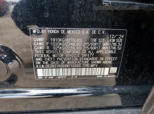 3CZRZ1H30SM740580 2025 HONDA HR-V Черный Вид наклейки с VIN-кодом