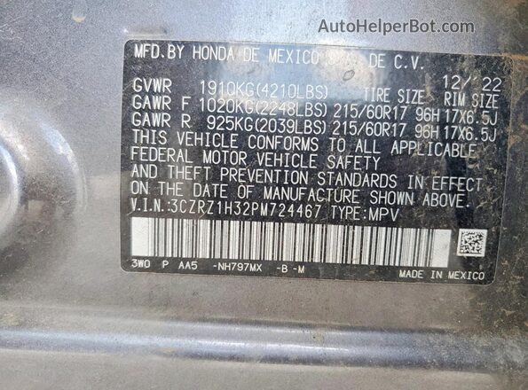 3CZRZ1H32PM724467 2023 HONDA HR-V Charcoal VIN კოდის სტიკერის ხედი