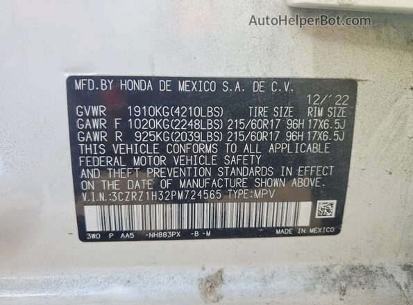 3CZRZ1H32PM724565 2023 HONDA HR-V White VIN კოდის სტიკერის ხედი