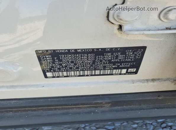 3CZRZ1H32PM742032 2023 HONDA HR-V White VIN sticker view