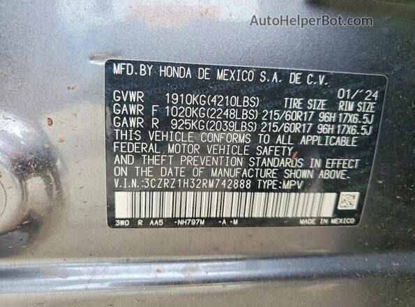 3CZRZ1H32RM742888 2024 HONDA HR-V Gray Widok naklejki z numerem VIN