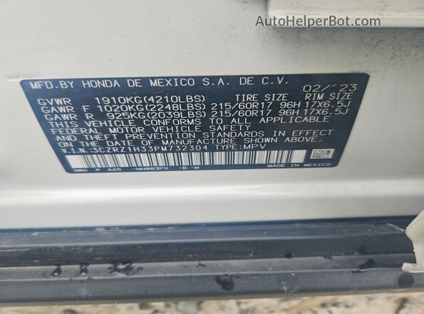 3CZRZ1H33PM732304 2023 HONDA HR-V White VIN կոդի պիտակի տեսք
