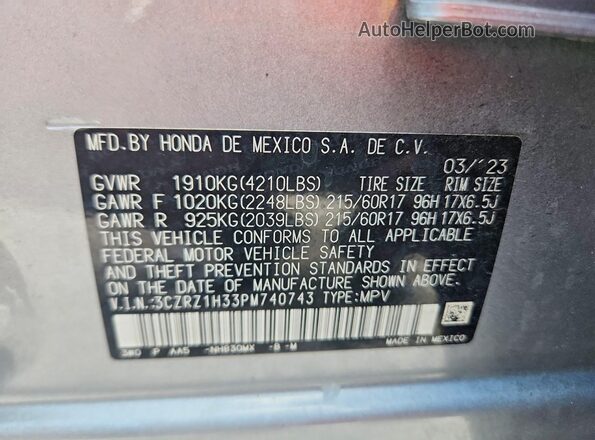 3CZRZ1H33PM740743 2023 HONDA HR-V Серебряный Вид наклейки с VIN-кодом