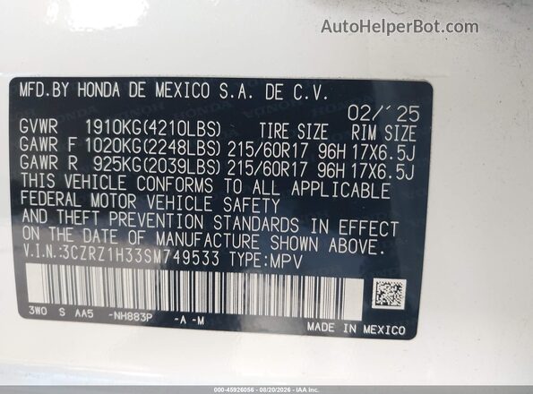3CZRZ1H33SM749533 2025 HONDA HR-V White Vista del compartimento del motor