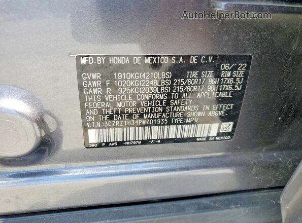 3CZRZ1H34PM701935 2023 HONDA HR-V Gray VIN կոդի պիտակի տեսք