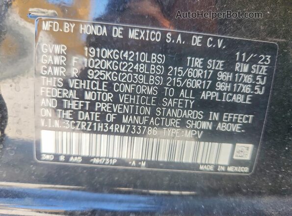 3CZRZ1H34RM733786 2024 HONDA HR-V Black VIN sticker view