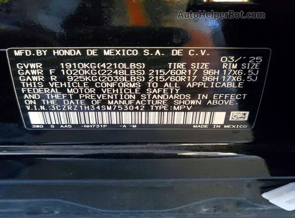 3CZRZ1H34SM753042 2025 HONDA HR-V Black VIN կոդի պիտակի տեսք