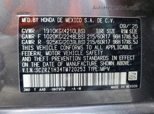 3CZRZ1H34TM720253 2026 HONDA HR-V Gray VIN კოდის სტიკერის ხედი
