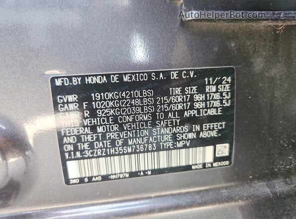 3CZRZ1H35SM736783 2025 HONDA HR-V Gray Widok naklejki z numerem VIN