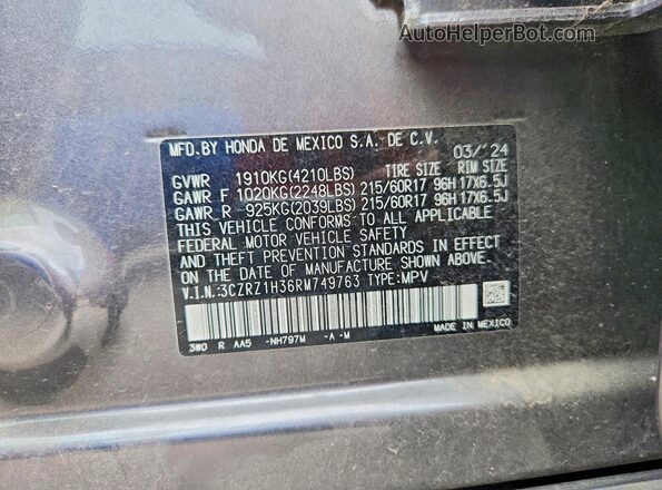 3CZRZ1H36RM749763 2024 HONDA HR-V Silver Widok naklejki z numerem VIN