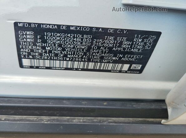 3CZRZ1H36TM728645 2026 HONDA HR-V White VIN sticker view