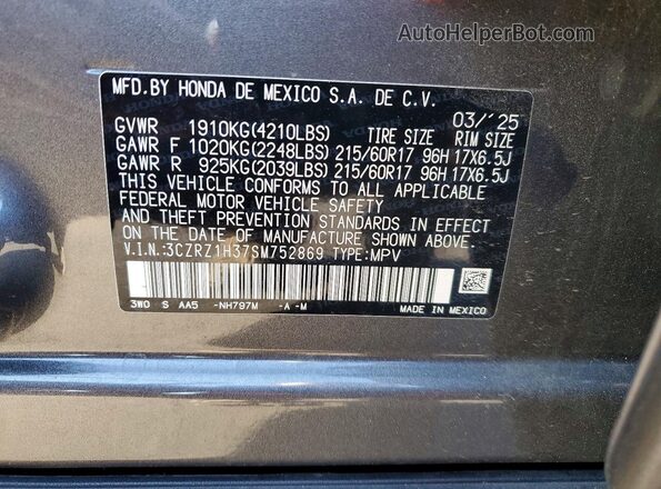 3CZRZ1H37SM752869 2025 HONDA HR-V Gray Vista de la etiqueta del VIN