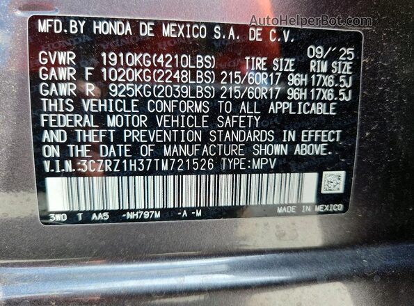 3CZRZ1H37TM721526 2026 HONDA HR-V Gray Вид наклейки з VIN-кодом