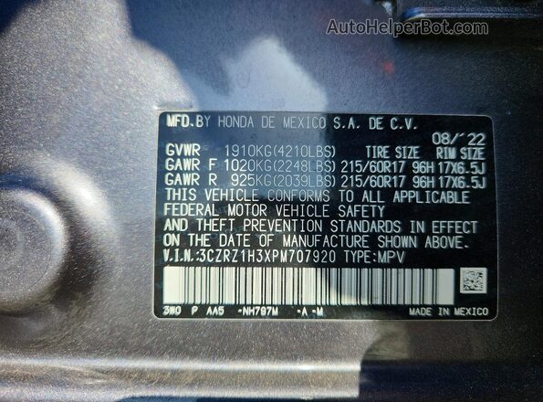 3CZRZ1H3XPM707920 2023 HONDA HR-V Gray Widok naklejki z numerem VIN