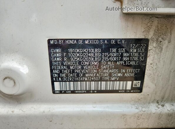 3CZRZ1H3XPM724507 2023 HONDA HR-V White Vista de la etiqueta del VIN