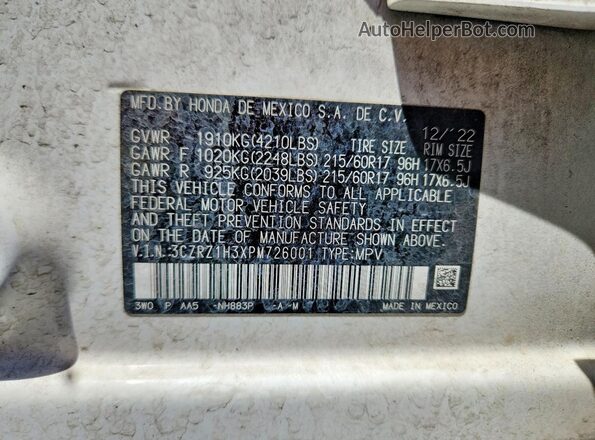 3CZRZ1H3XPM726001 2023 HONDA HR-V White Widok wnętrza 360 stopni