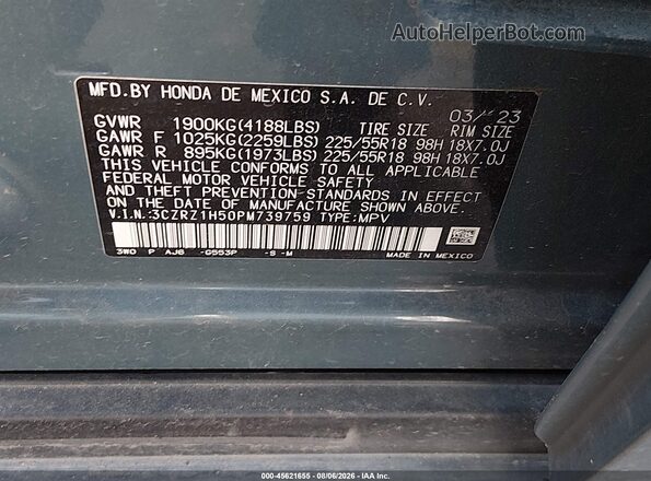 3CZRZ1H50PM739759 2023 HONDA HR-V Blue Widok komory silnika