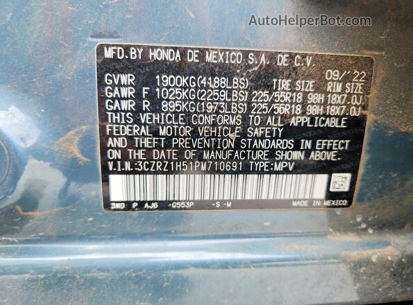 3CZRZ1H51PM710691 2023 HONDA HR-V Teal VIN კოდის სტიკერის ხედი