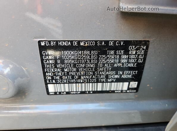 3CZRZ1H51RM751325 2024 HONDA HR-V Gray Vista de la etiqueta del VIN