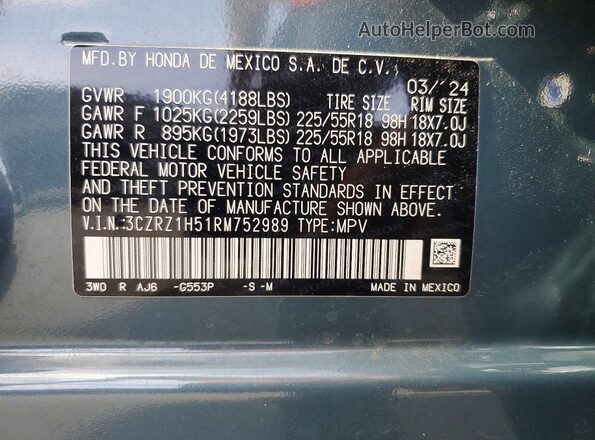 3CZRZ1H51RM752989 2024 HONDA HR-V Blue Engine compartment view