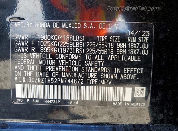 3CZRZ1H52PM744672 2023 HONDA HR-V Черный Вид наклейки с VIN-кодом