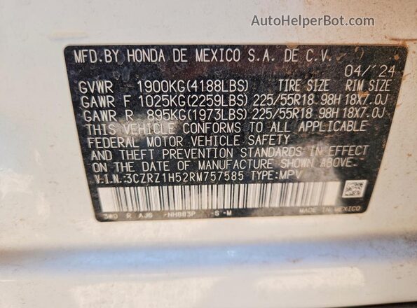3CZRZ1H52RM757585 2024 HONDA HR-V White VIN sticker view