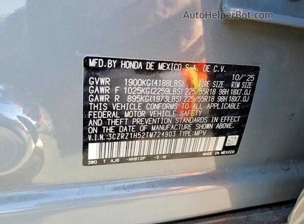 3CZRZ1H52TM724903 2026 HONDA HR-V Gray VIN կոդի պիտակի տեսք