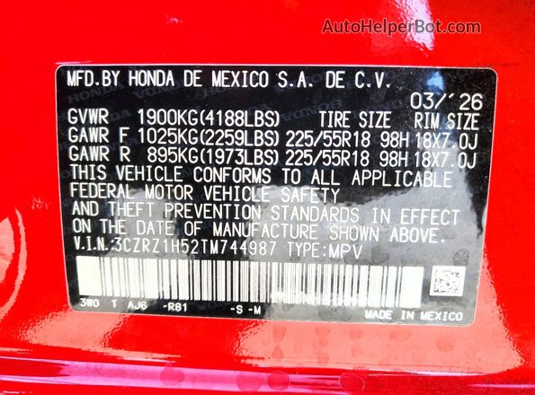 3CZRZ1H52TM744987 2026 HONDA HR-V Red Vista del compartimento del motor
