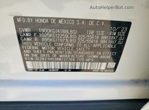 3CZRZ1H53RM727768 2024 HONDA HR-V White Вид наклейки з VIN-кодом