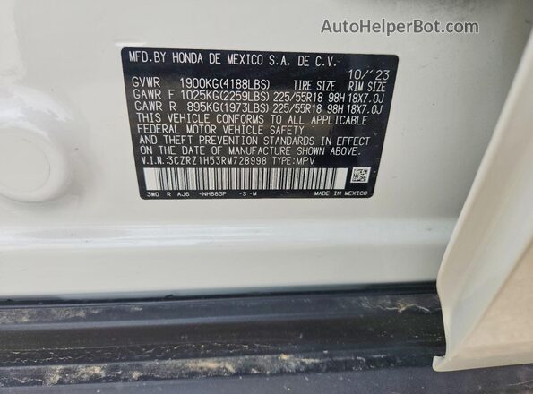 3CZRZ1H53RM728998 2024 HONDA HR-V White Engine compartment view