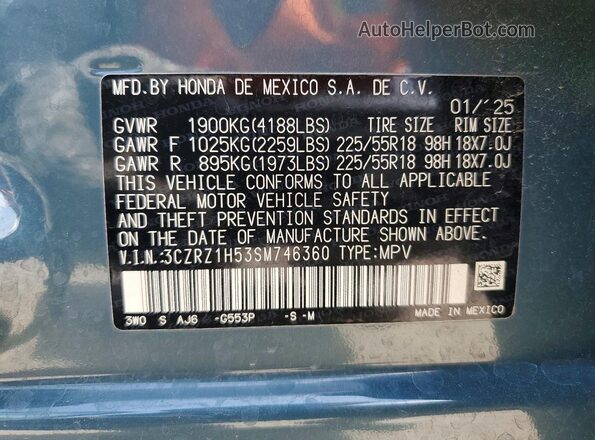3CZRZ1H53SM746360 2025 HONDA HR-V Green Widok wnętrza 360 stopni