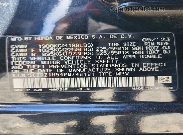 3CZRZ1H54PM746181 2023 HONDA HR-V Black Вид наклейки з VIN-кодом