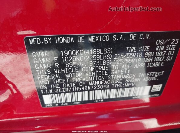 3CZRZ1H54RM723048 2024 HONDA HR-V Red Engine compartment view