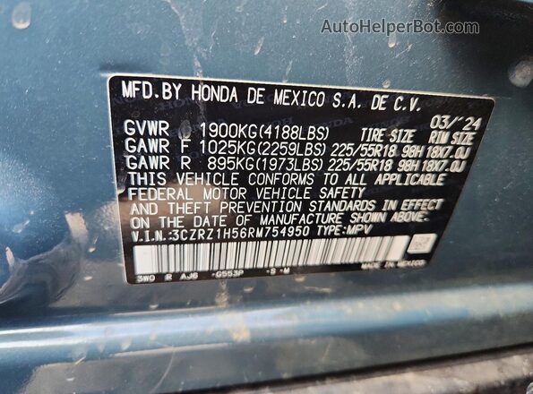3CZRZ1H56RM754950 2024 HONDA HR-V Teal VIN կոդի պիտակի տեսք