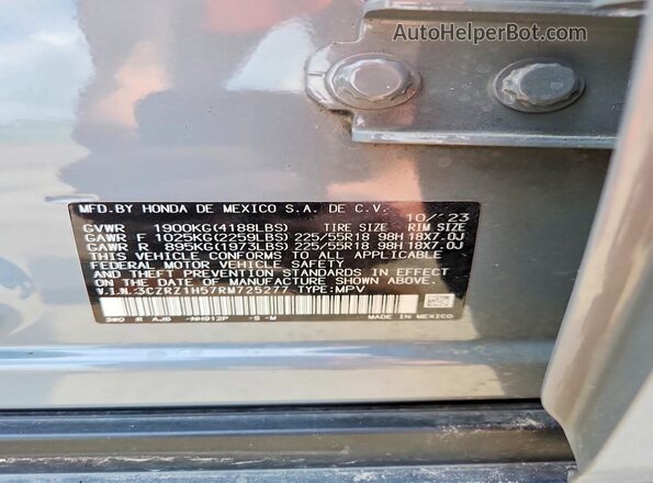 3CZRZ1H57RM725277 2024 HONDA HR-V Gray VIN կոդի պիտակի տեսք