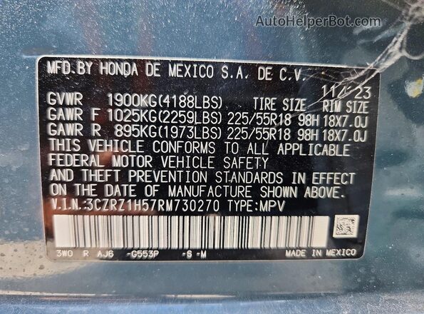 3CZRZ1H57RM730270 2024 HONDA HR-V Blue 360 interior view