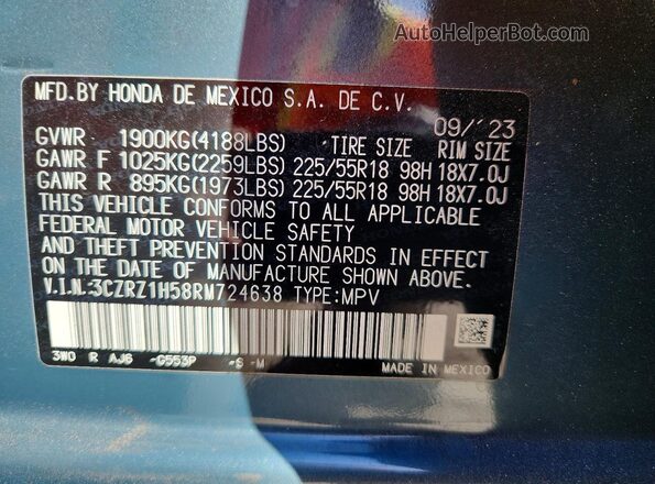 3CZRZ1H58RM724638 2024 HONDA HR-V Teal ძრავის განყოფილების ხედი