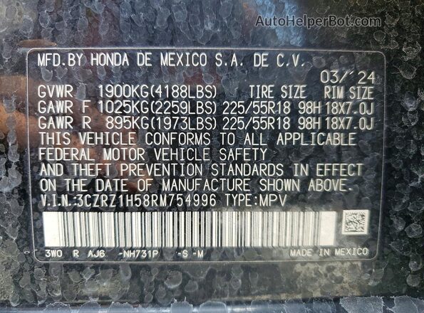 3CZRZ1H58RM754996 2024 HONDA HR-V Black Вид наклейки з VIN-кодом