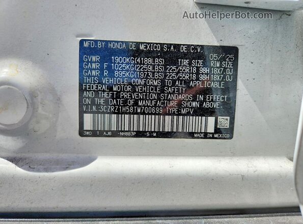 3CZRZ1H58TM700699 2026 HONDA HR-V Белый Вид наклейки с VIN-кодом