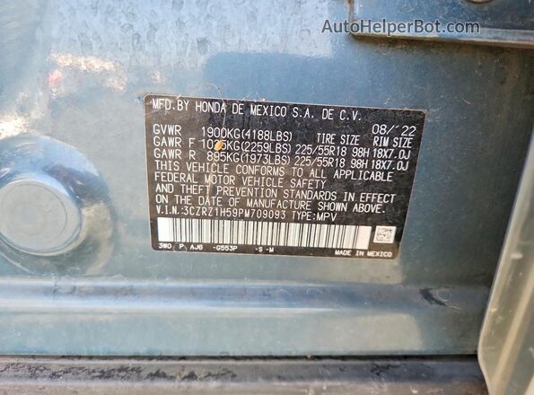 3CZRZ1H59PM709093 2023 HONDA HR-V Gray VIN կոդի պիտակի տեսք