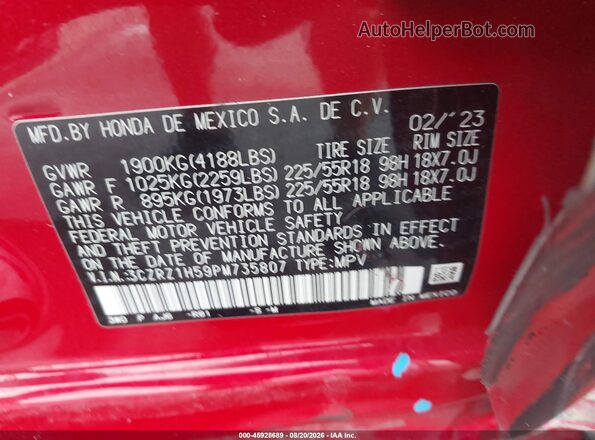 3CZRZ1H59PM735807 2023 HONDA HR-V Красный Вид подкапотного пространства
