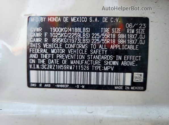 3CZRZ1H59RM711526 2024 HONDA HR-V White ძრავის განყოფილების ხედი