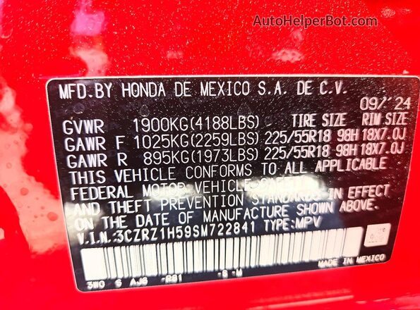 3CZRZ1H59SM722841 2025 HONDA HR-V Red Widok komory silnika