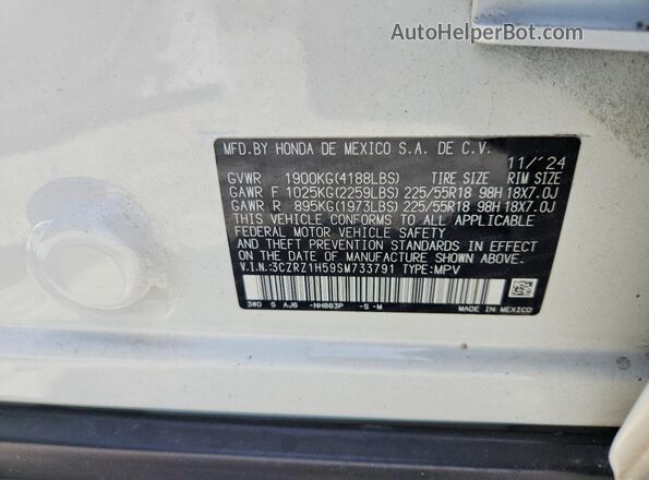 3CZRZ1H59SM733791 2025 HONDA HR-V White Вид наклейки з VIN-кодом