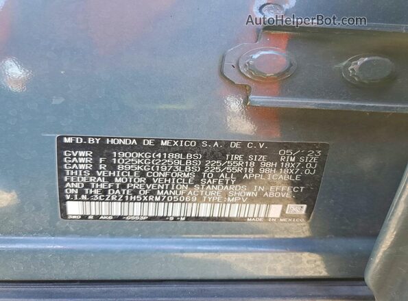 3CZRZ1H5XRM705069 2024 HONDA HR-V Teal Панорамний вид салону 360°