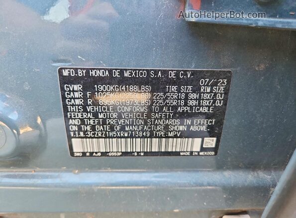 3CZRZ1H5XRM713849 2024 HONDA HR-V Teal VIN կոդի պիտակի տեսք