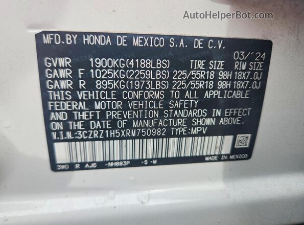 3CZRZ1H5XRM750982 2024 HONDA HR-V Белый 